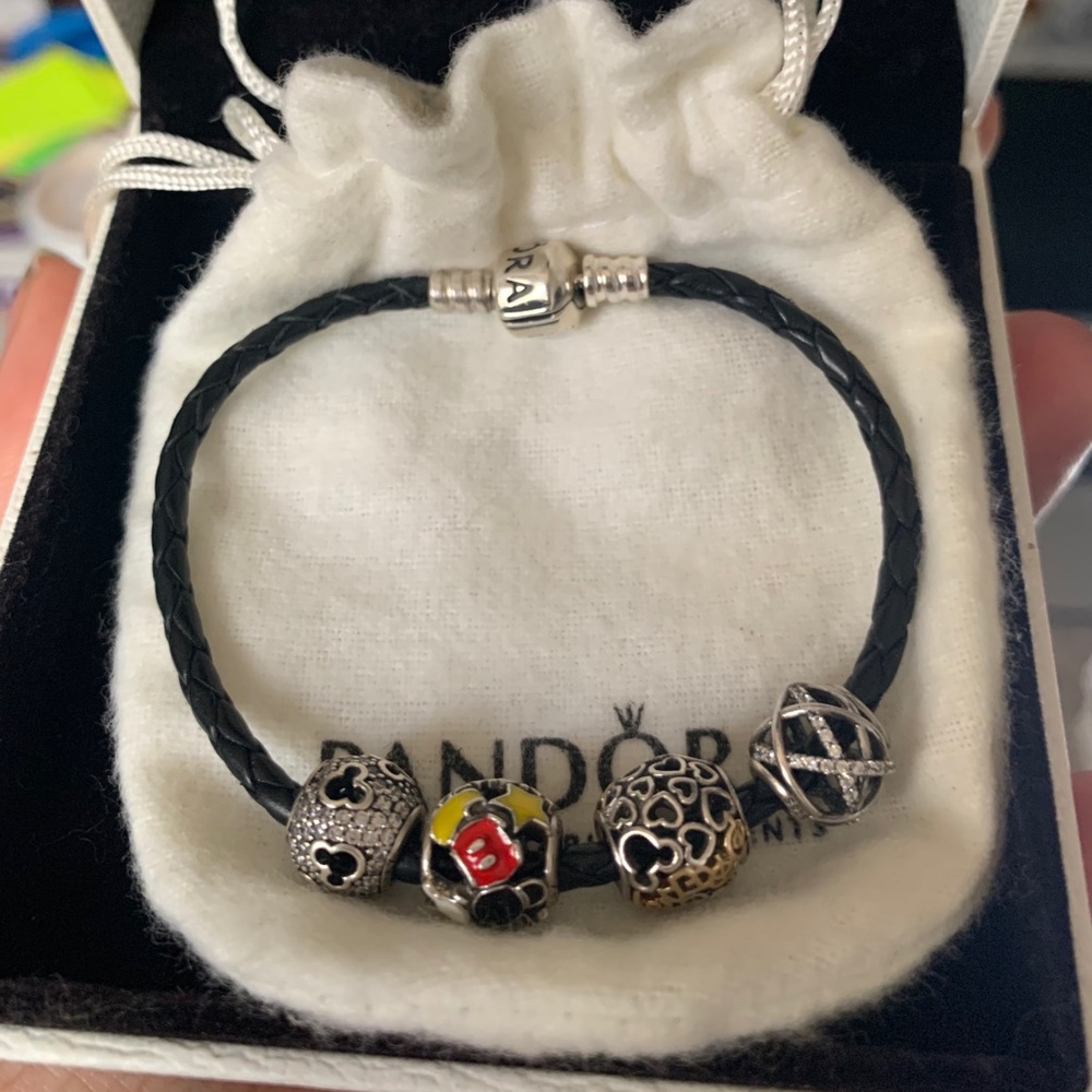 Pandora black leather bracelet with Disney charms